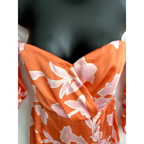 Lulu's Baros Coral Orange Floral Print Off Shoulder Bodycon Dress S Barbie Pink - Picture 3 of 12